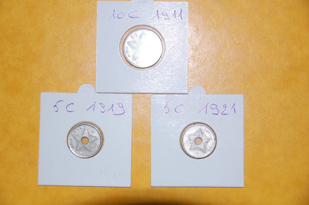 CONGO BELGE : 10 cents 1911, 5 cents 1919 et 1921, très beau, Envoi, Série