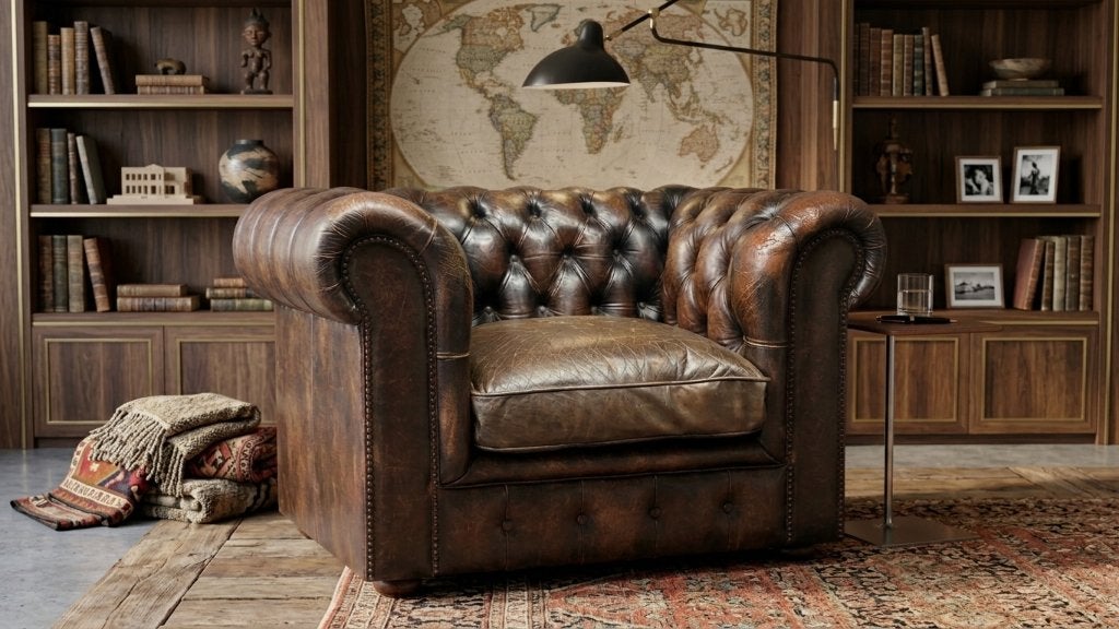 FAUTEUIL CHESTERFIELD CUIR BRUN, Maison & Meubles, Enlèvement, Utilisé, Cuir