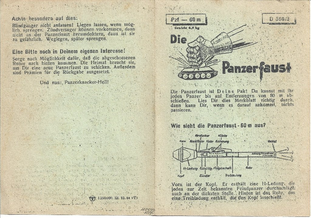 Die Panzerfaust - manuel 'Pzf - 60 m' - 1944, Enlèvement ou Envoi, Armée de terre, Autres types