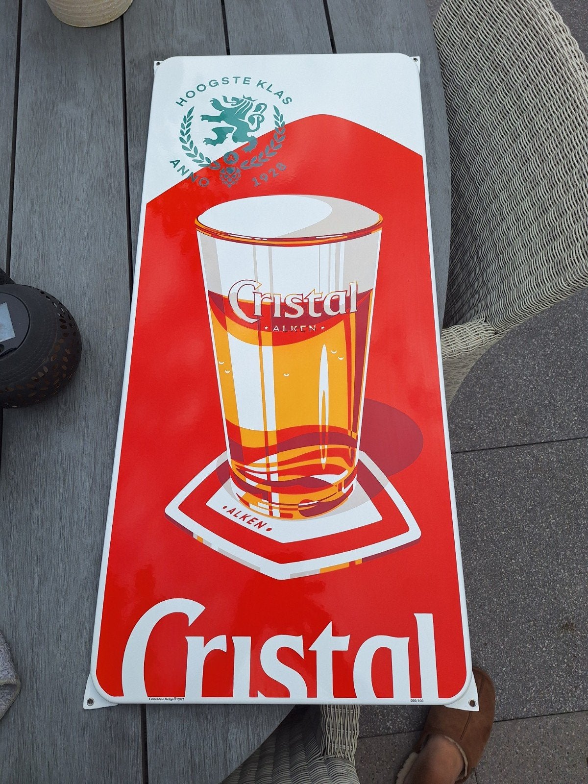 Cristal Alken Emaille bord, Ophalen of Verzenden, Zo goed als nieuw, Reclamebord, Plaat of Schild
