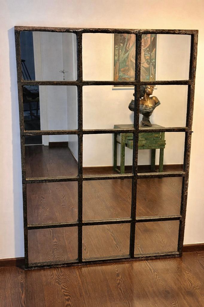 Grand miroir fenêtre verrière en fer forgé, 125 cm ou plus, Comme neuf, Enlèvement, 100 à 150 cm
