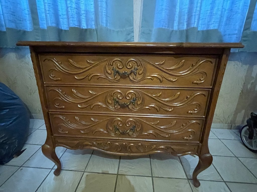 antiek ladenkastje met sierlijk houtsnijwerk, Ophalen, Gebruikt, Vintage, 50 tot 100 cm