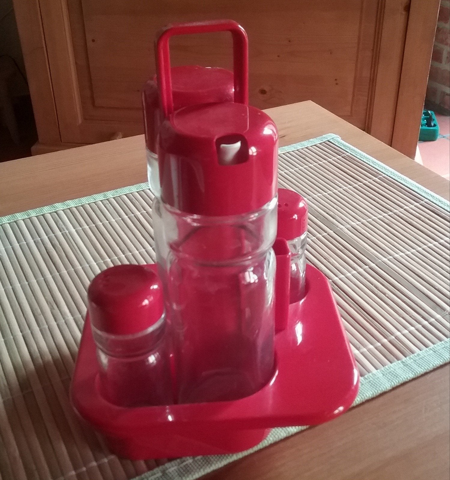 Rode dispenser voor olie, azijn, zout, peper, tandenstoker, Ophalen of Verzenden, Zo goed als nieuw, Vintage, Kom(men)