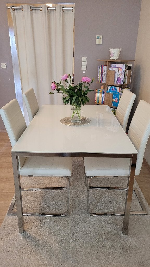 Glazen eettafel van IKEA en 4 wit-leren stoelen, Ophalen, Gebruikt, Rechthoekig, Glas