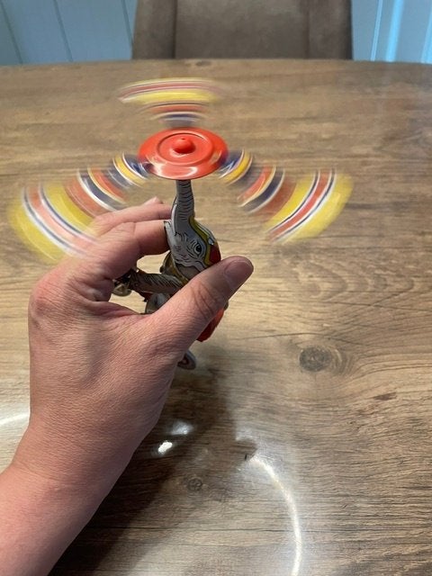 Vintage blikken circusolifant op driewieler – werkend, Antiek en Kunst, Ophalen of Verzenden