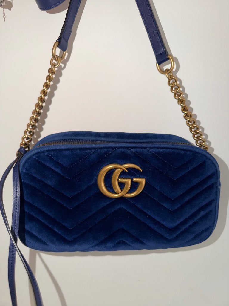 Gucci GG Marmont marineblauwe fluwelen tas — Authentiek, Ophalen, Zo goed als nieuw, Blauw, Schoudertasje