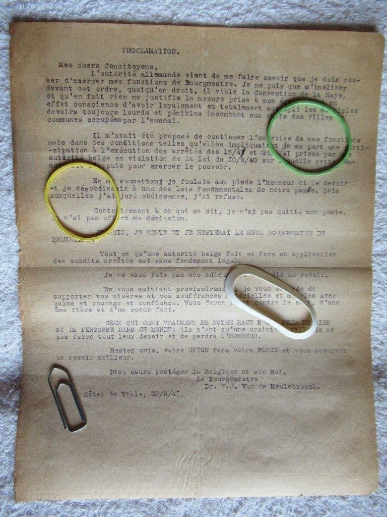 WW 2 -  Proclamation Bourgmestre Bruxelles, Enlèvement ou Envoi, Autres, Autres types