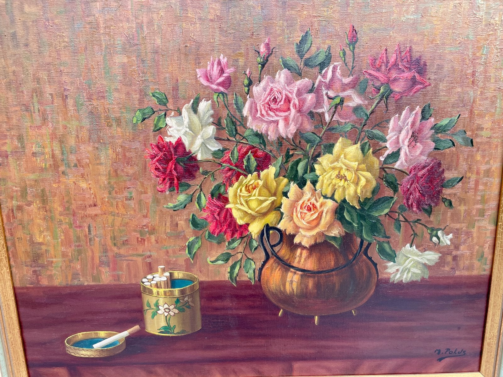 Grande huile sur toile M. Polus – Nature morte aux roses, Enlèvement, Classique, Nature morte, Toile