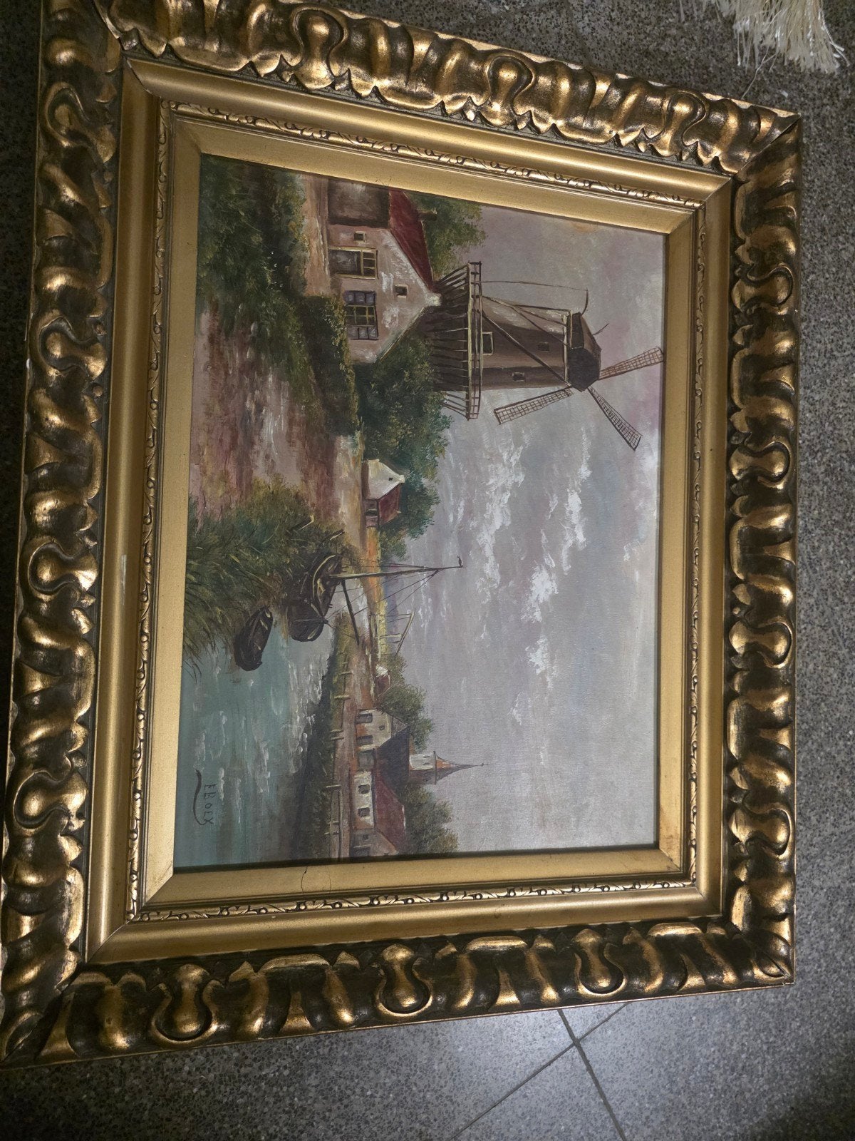 Prachtig klassiek olieverfschilderij (molenlandschap) – E. B, Peinture à l'huile, Paysage, Enlèvement, Toile
