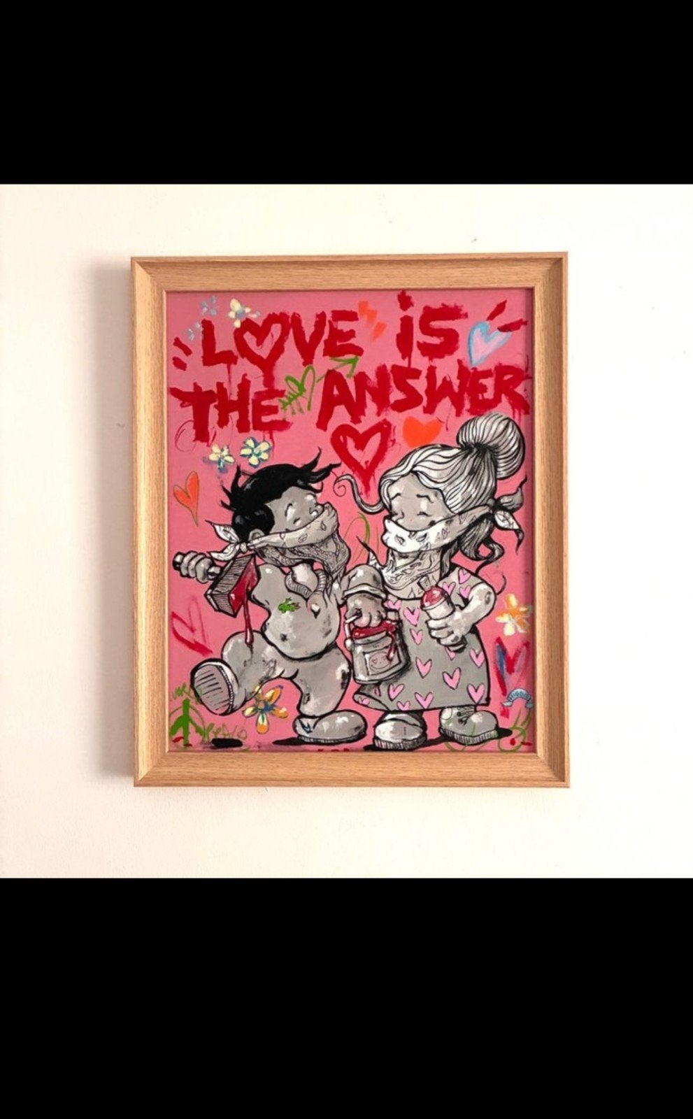 Miggie - L'AMOUR EST LA RÉPONSE - 57x47cm - Encadré - Acryli, Enlèvement ou Envoi, Peint à la main, Peinture acrylique, Figures