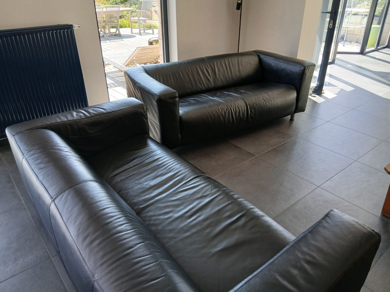 Salon Divans cuir noir 18085, Maison & Meubles, Comme neuf, Cuir