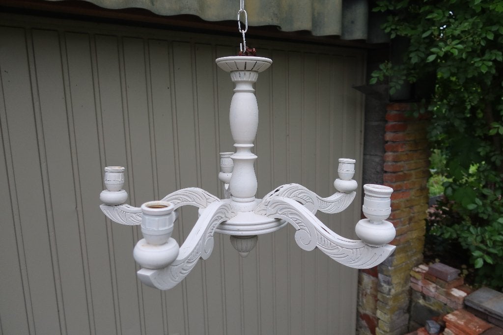 kroonluchter met 5 lampen, Huis en Inrichting, Lampen | Kroonluchters, Ophalen, Gebruikt, Hout