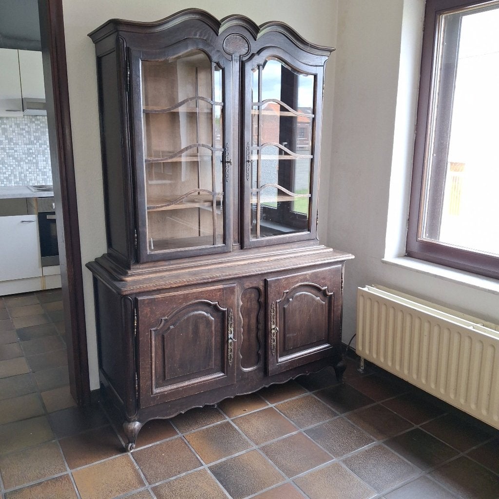 buffet classique en deux pièces en chêne (vitrine),, Avec porte(s), 100 à 150 cm, Utilisé, Chêne