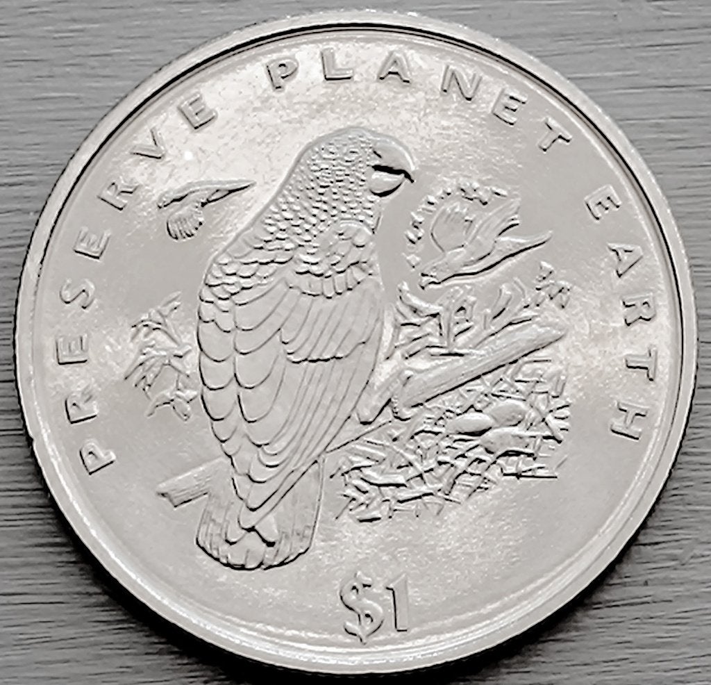 munt Liberia 1 dollar 1996 :  Grijze Papegaai /crownsize, Ophalen of Verzenden