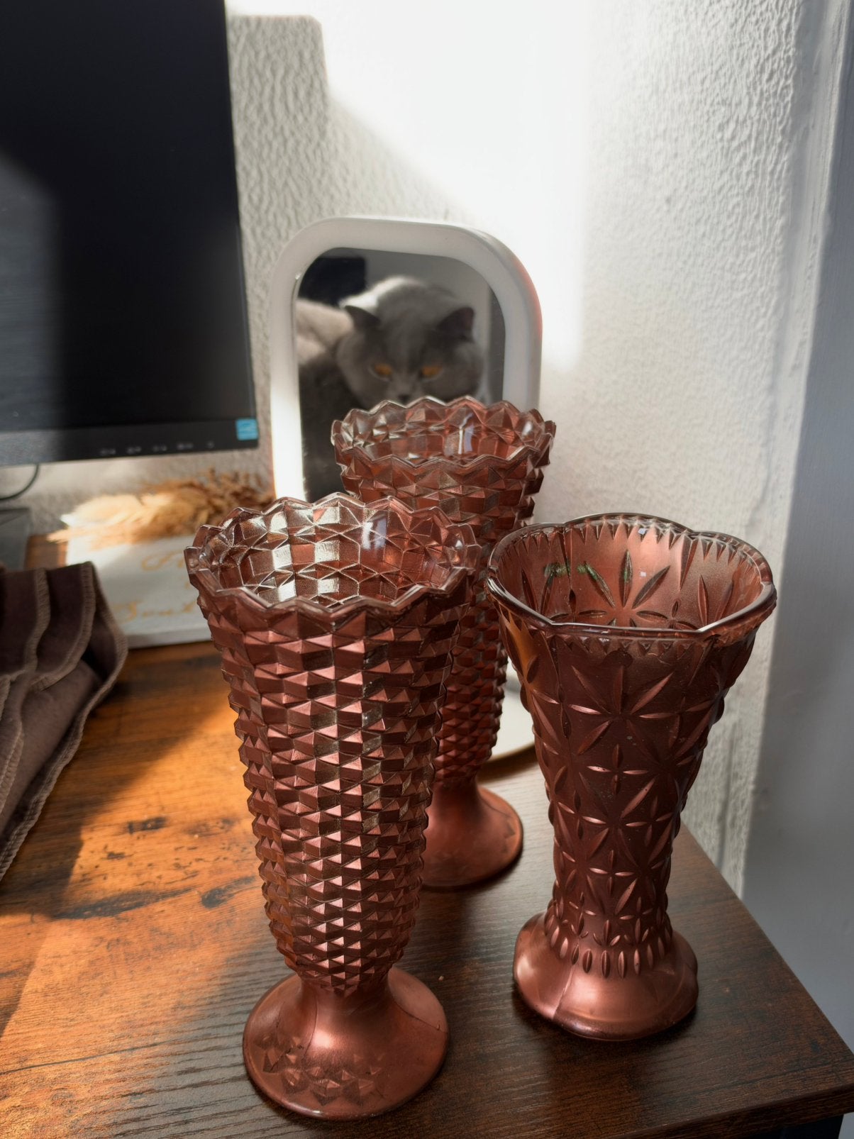 Set van 3 vintage amber glazen vazen – reliëfglas – 20 cm, Ophalen, Zo goed als nieuw, Glas
