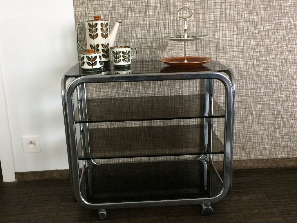 Vintage glazen serveerwagen roltafel op wieltjes, 55 à 75 cm, Enlèvement, Utilisé, Métal ou Aluminium