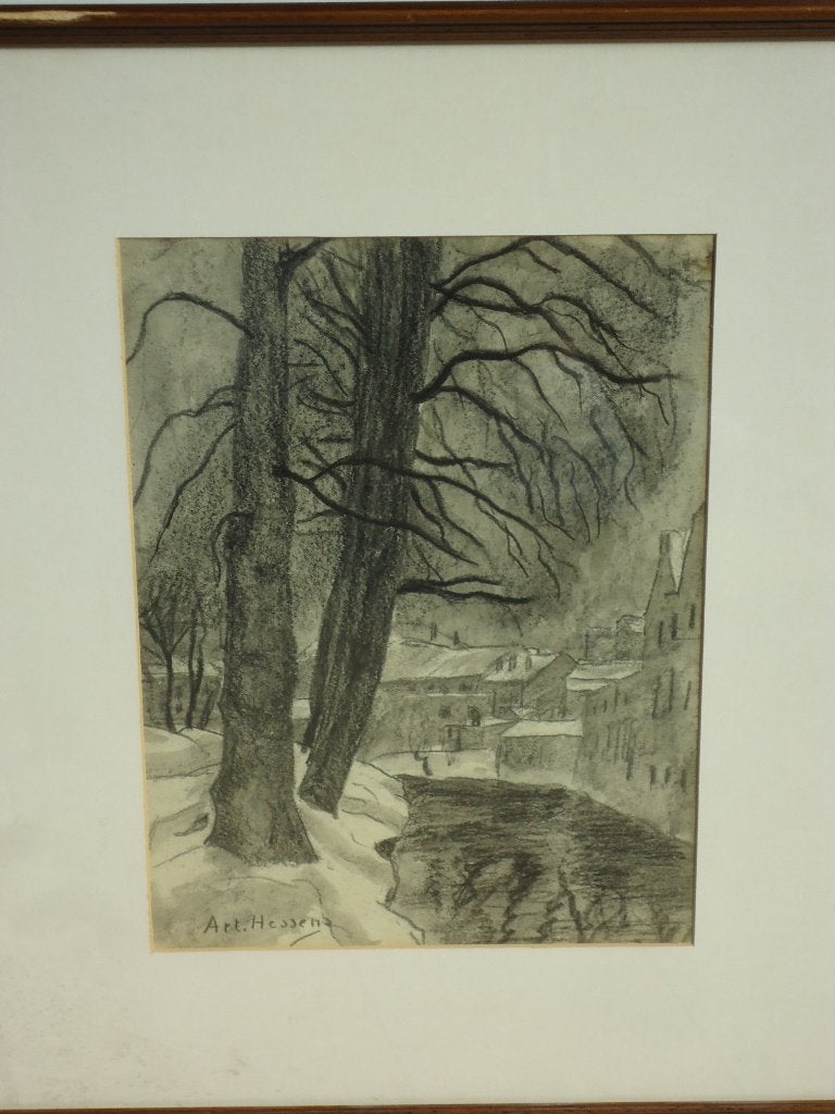 Houtskool lavis Leuven Arthur Hessens winters stadszicht, Antiek en Kunst, Kunst | Schilderijen | Klassiek, Ophalen of Verzenden