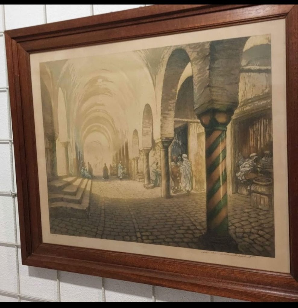 Ets Tunis. W.A. Lambrecht. Oriëntalistisch., 79 cm, Eau-forte, Numéroté, Vue urbaine