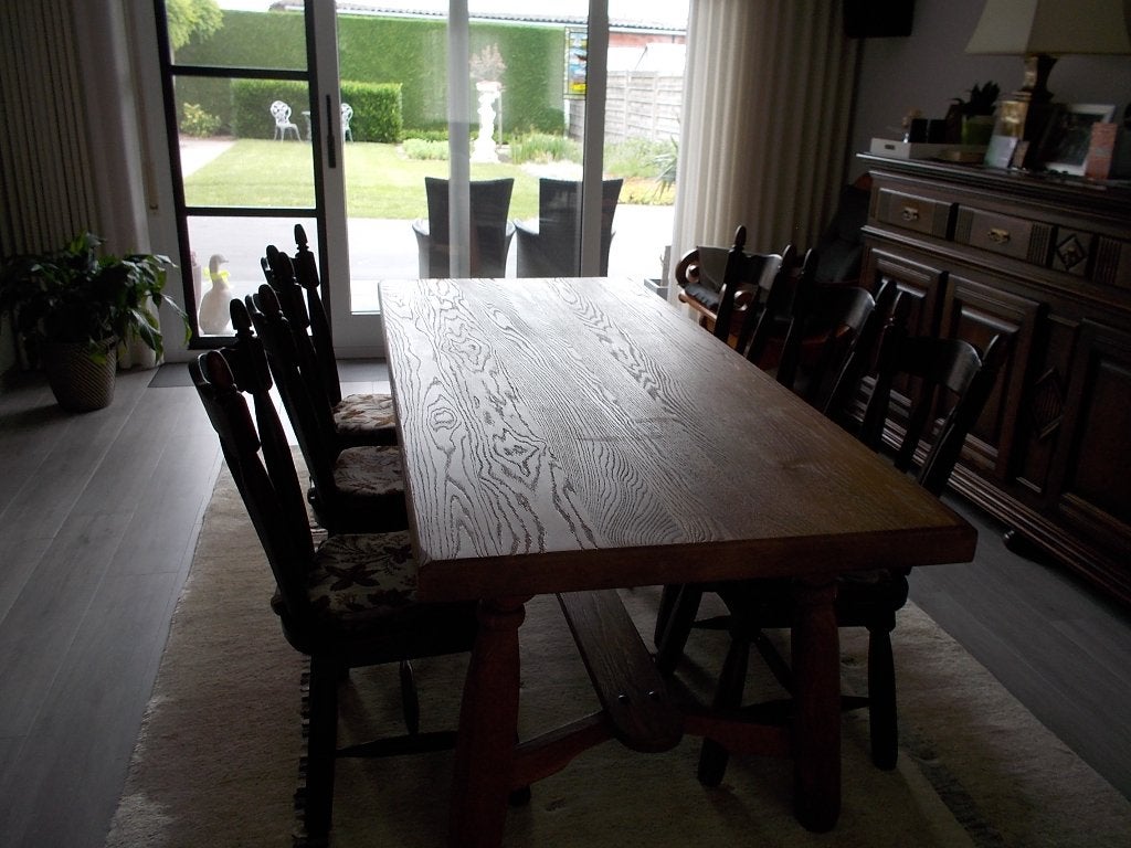 Massief eiken tafel en 6 stoelen, Ophalen, Gebruikt, Rustiek, Eikenhout