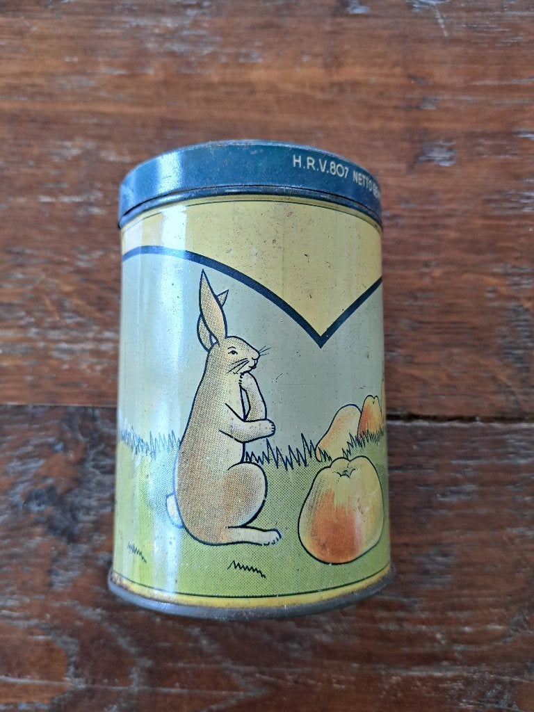 Oude metalen doos konijn appel, Ophalen of Verzenden
