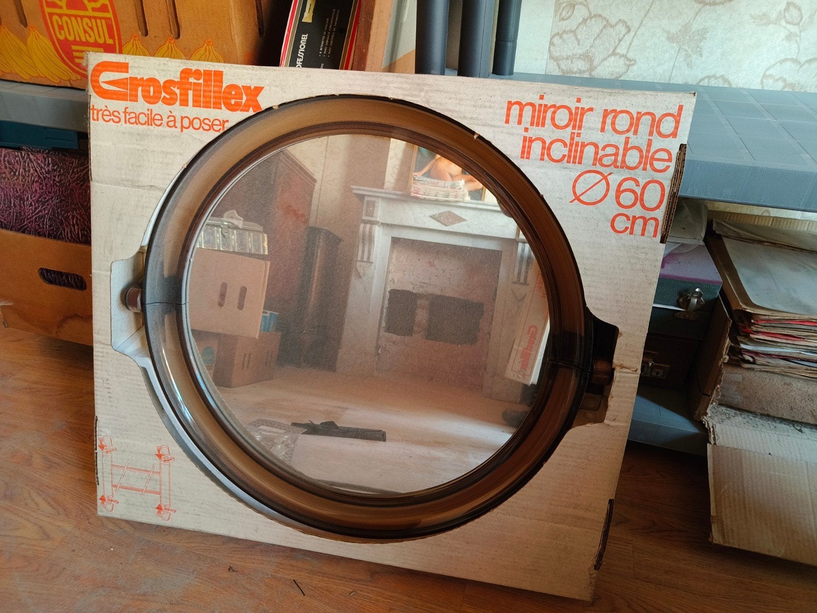 Vintage seventies spiegels in perspex - nieuw in doos, Antiek en Kunst, Ophalen, Rond, 50 tot 100 cm