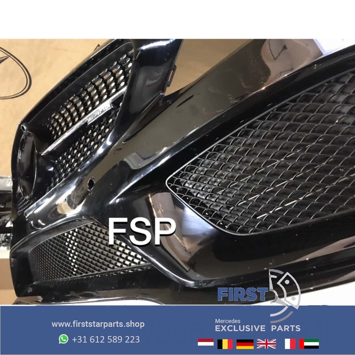 W205 C205 C43 AMG VOORBUMPER ZWART Mercedes C Klasse 2014-20, Gebruikt, -, Voor, Ophalen of Verzenden