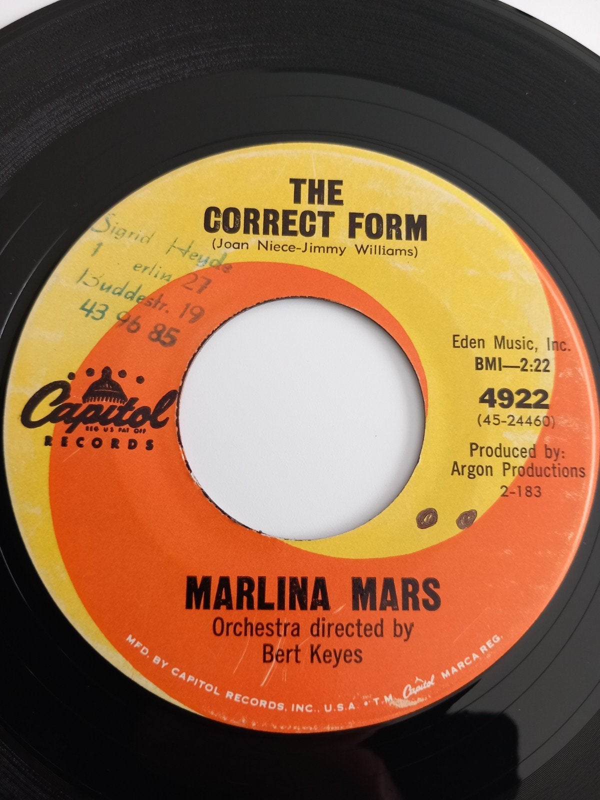MARLINA MARS. POPCORN 60'S USA 45T, Ophalen of Verzenden