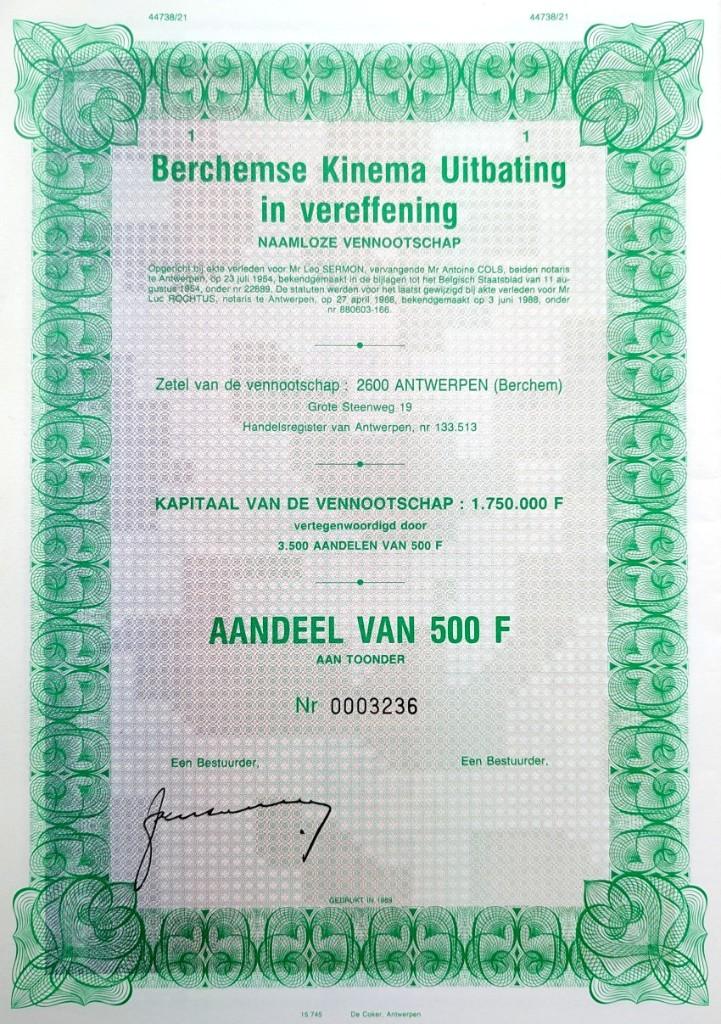 Berchemse Kinema Uitbating in vereffening (Antwerpen) 1989, Timbres & Monnaies, Actions & Titres, Enlèvement ou Envoi, 1970 à nos jours