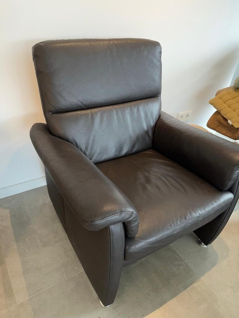 W. Schillig Salon set donkerbruin leder in goede staat, Ophalen, Gebruikt, Leer, Longlife