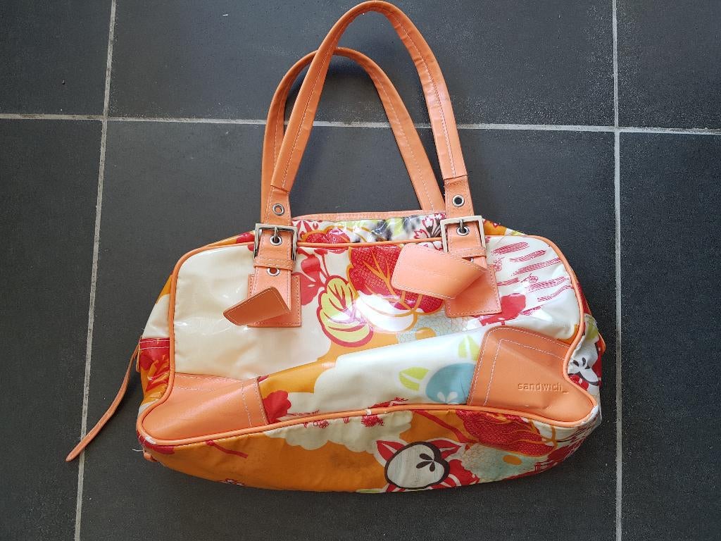 oranje handtas met bloemen van Sandwich, Handtassen en Accessoires, Ophalen of Verzenden, Gebruikt, Oranje, Handtas