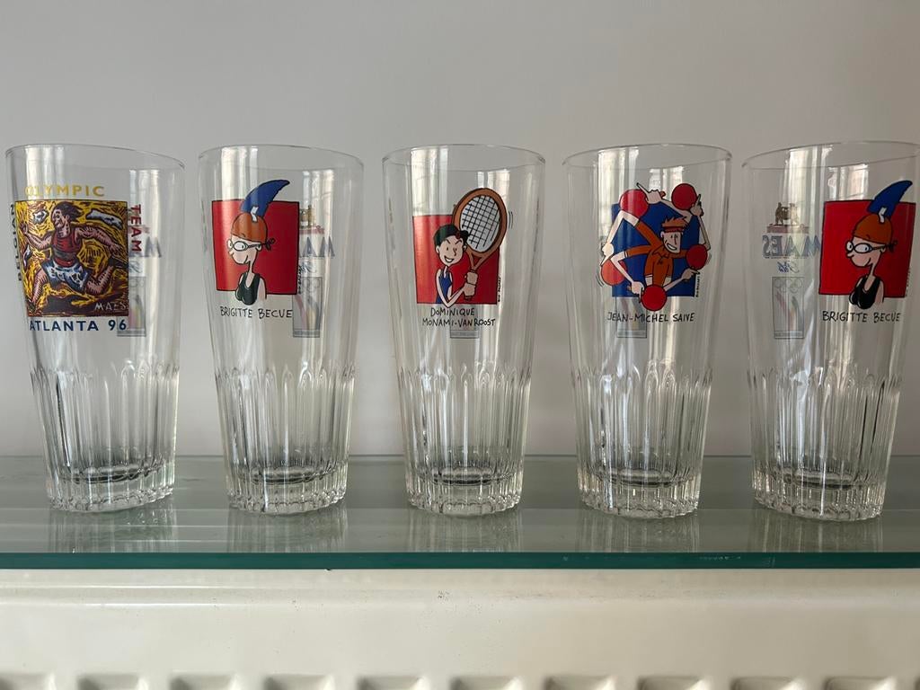 5 Bierglazen Maes 25cl boerkes Belg Olympic Team Atlanta 96, Ophalen, Nieuw