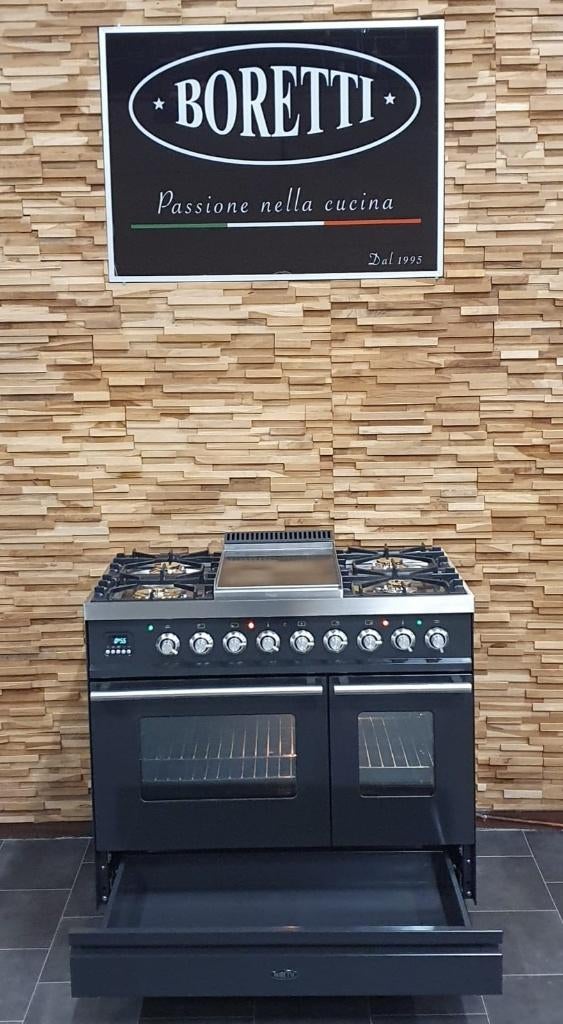 Luxe Boretti Fornuis 90cm antraciet + rvs 2 ovens Frytop, Gaz, Classe énergétique A ou plus économe, Comme neuf, Enlèvement