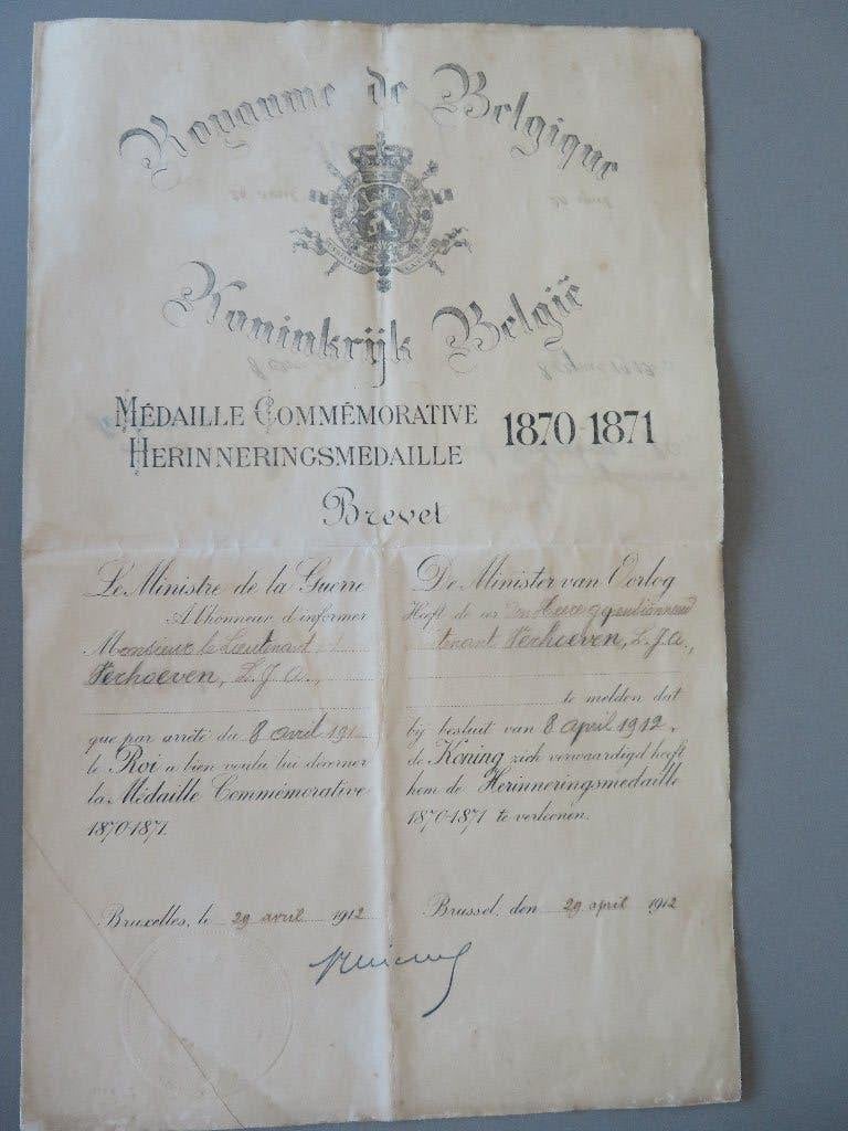 Brevet Herinneringsmedaille 1870-1871 Luitenant Verhoeven L., Enlèvement ou Envoi, Autres matériaux