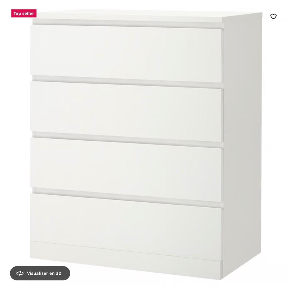 Commode blanche MALM IKEA, Maison & Meubles, 3 ou 4 tiroirs, 25 à 50 cm, Comme neuf, Enlèvement