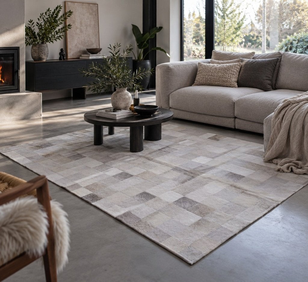 Koeienhuid patchwork grijs 180x120cm | Lederstore, Wandkleed, Nieuw, Ophalen of Verzenden, Natuurlijk materiaal