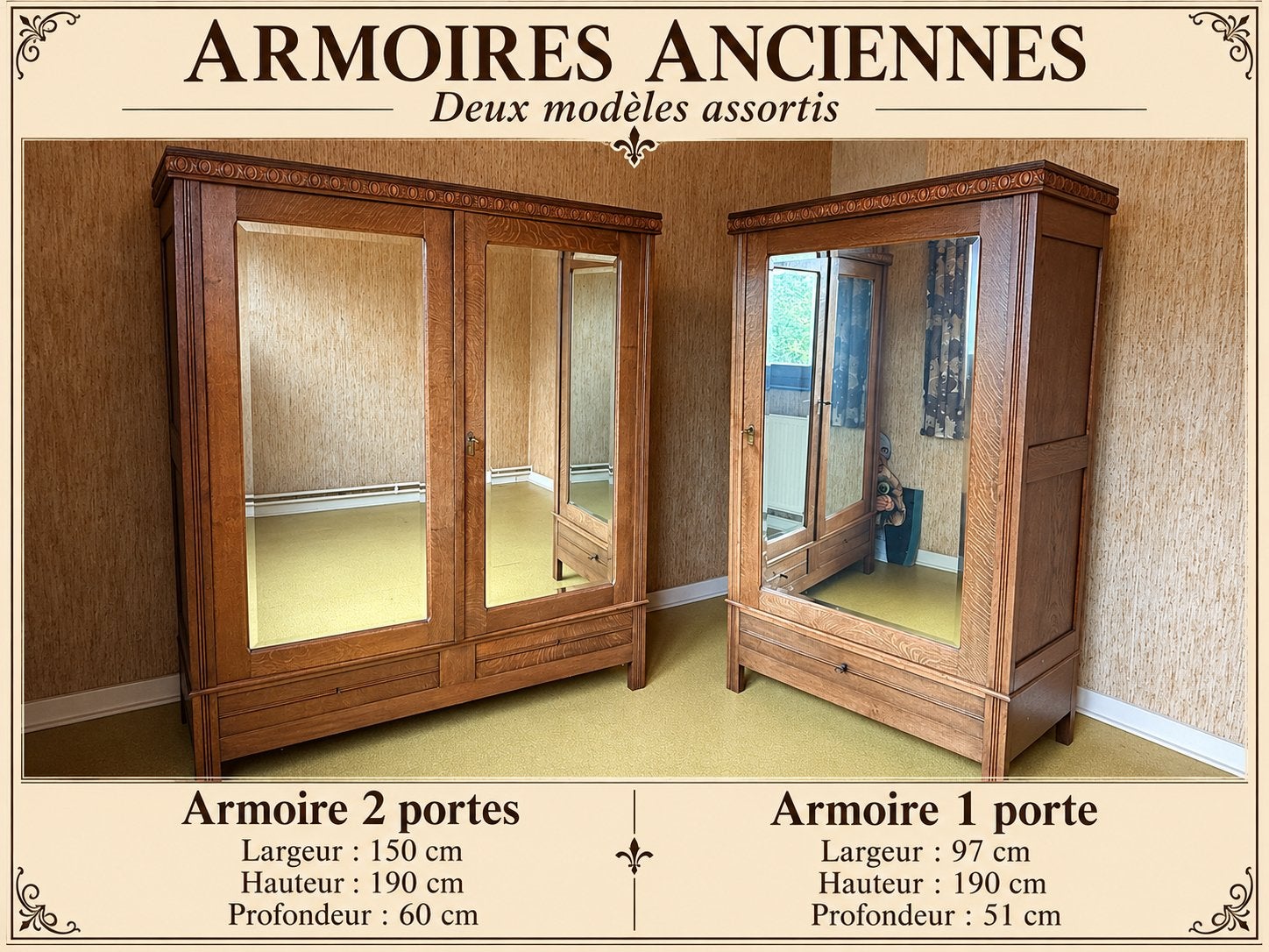 Deux belles armoires anciennes assorties avec miroirs, Antiquités & Art, Enlèvement