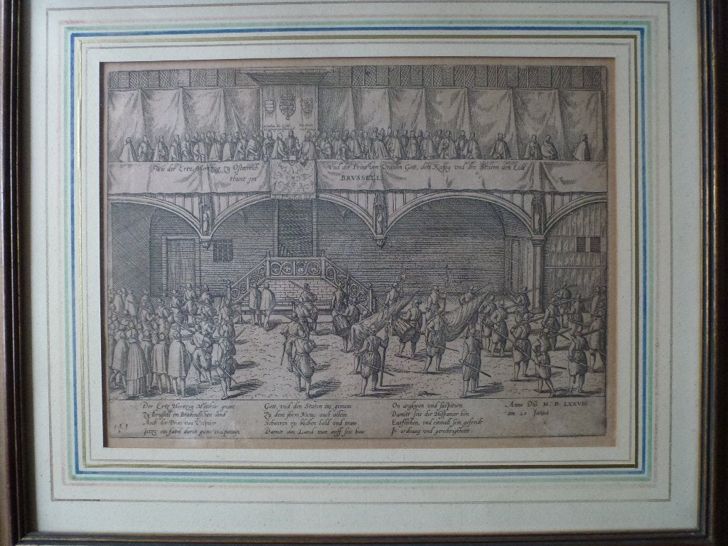 4 Gravures de Frans Hogenberg 1535-1590, Antiek en Kunst, Kunst | Etsen en Gravures, Ophalen, Gravure, 35 cm, Militair