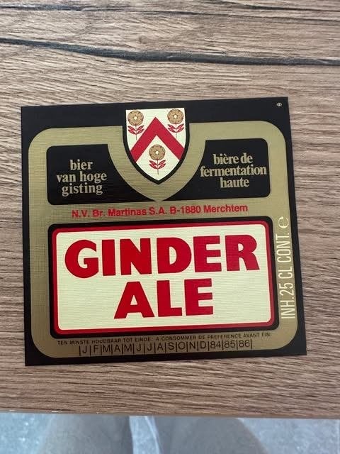 Étiquette d'étiquette de bière Ginder 25 cl, 1985, Collections, Enlèvement ou Envoi, Neuf, Autres types, Autres marques