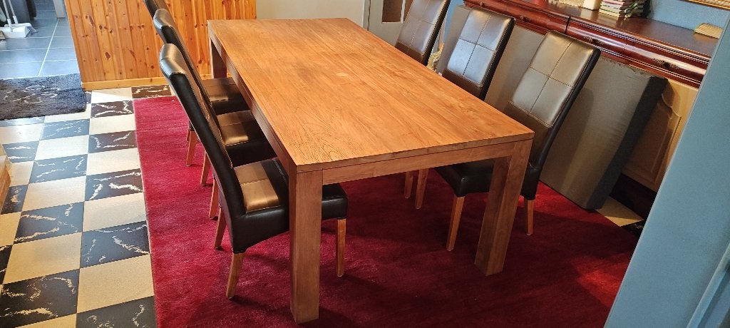 Kwalitatieve Teak tafel en 6 stoelen, Ophalen, 100 tot 150 cm, Teakhout, 200 cm of meer