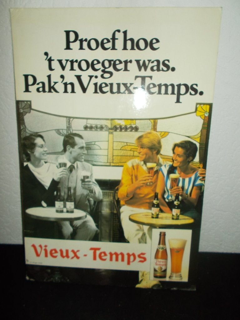 Vieux-Temps bierreclame - karton uit 1985 - Mont St. Guibert, Verzamelen, Biermerken, Ophalen, Gebruikt, Reclamebord, Plaat of Schild