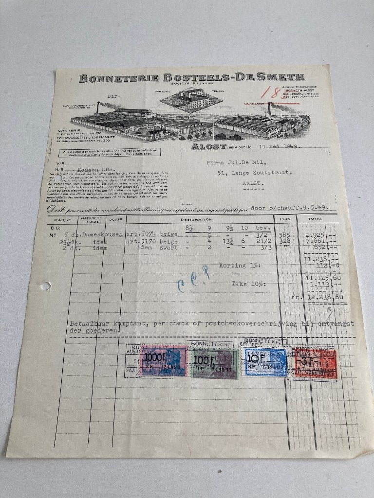 Aalst :Oud factuur Bonneterie Bosteels-De Smeth 1949 (kousen, Ophalen of Verzenden, Gebruikt, Overige typen
