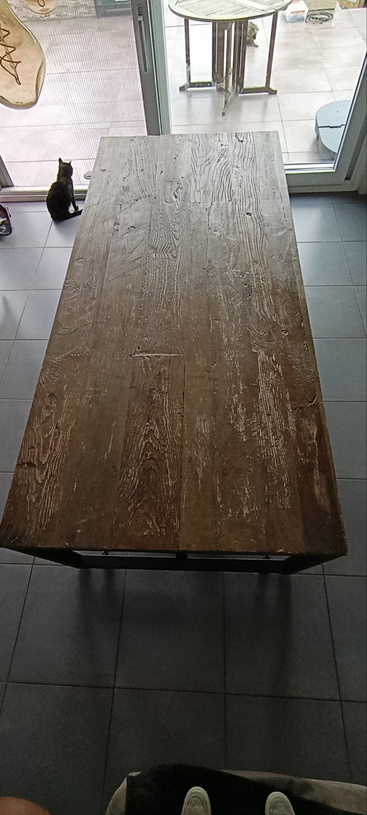 Table industrielle en bois massif + 6 chaises cognac, Maison & Meubles, Enlèvement