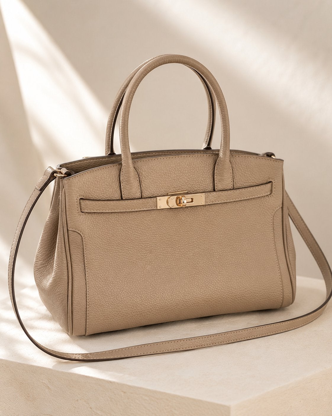 Mooie beige handtas van echt leer met schouderriem, Enlèvement, Comme neuf, Beige, Sac à main