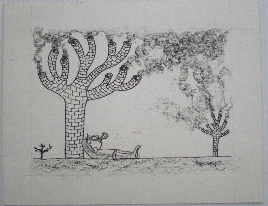 BRASSER - Mooie cartoon (1973) op papier, Ophalen of Verzenden, Gesigneerd