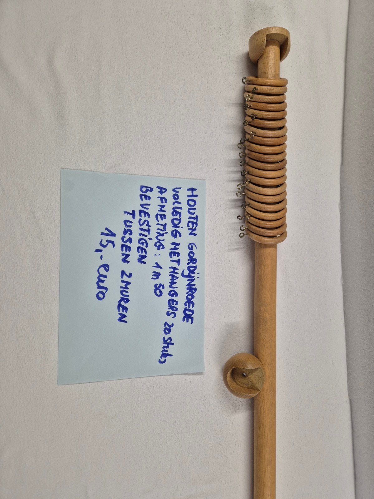 Houten gordijnroede met houten ringen. Info vermeld., Huis en Inrichting, Ophalen
