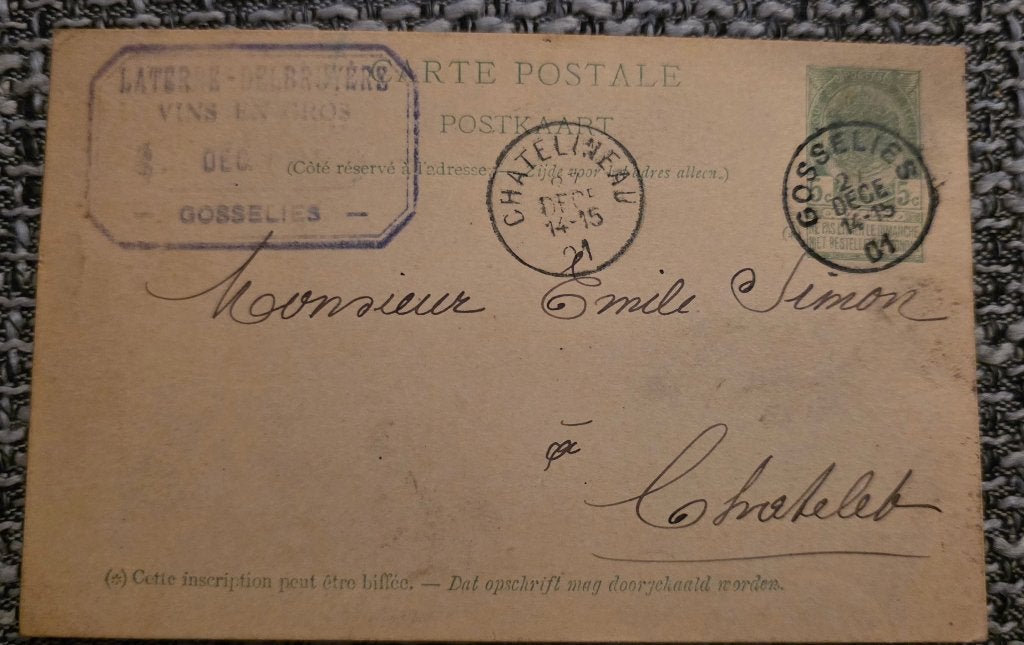 1901+Entier postal+Châtelet+Châtelineau+Delbruyère, Ophalen of Verzenden, Zo goed als nieuw, Viltje(s), Overige merken
