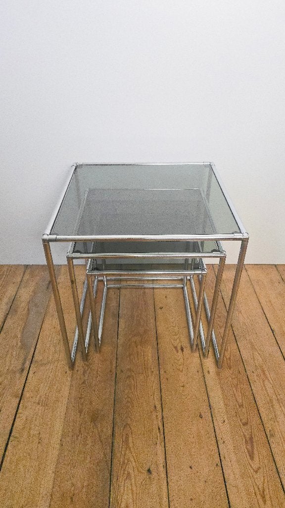 Poul CADOVIUS nesttafeltjes - chroom en fumé glas 1960, Ophalen of Verzenden, Huis en Inrichting