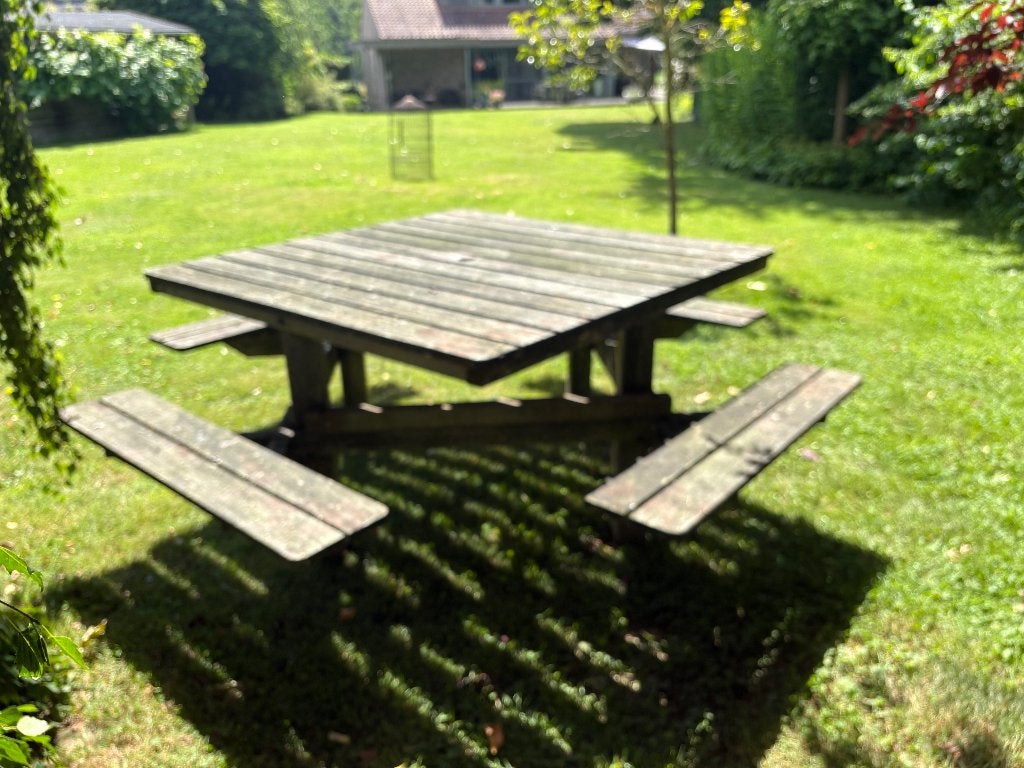 Tuintafel en banken (1 geheel), Jardin & Terrasse, Tables de pique-nique, Enlèvement, Utilisé, Carré, Bois