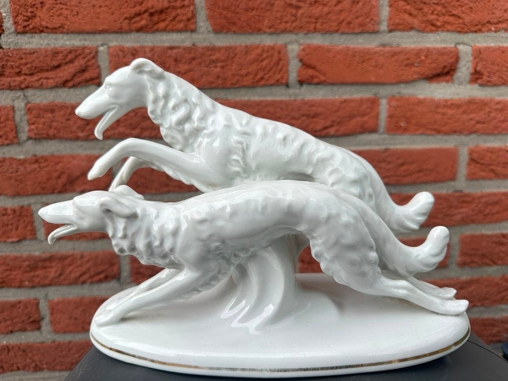 pracht van beeld 2 rennende barzoi borzoi wolfshond, Antiek en Kunst, Ophalen of Verzenden