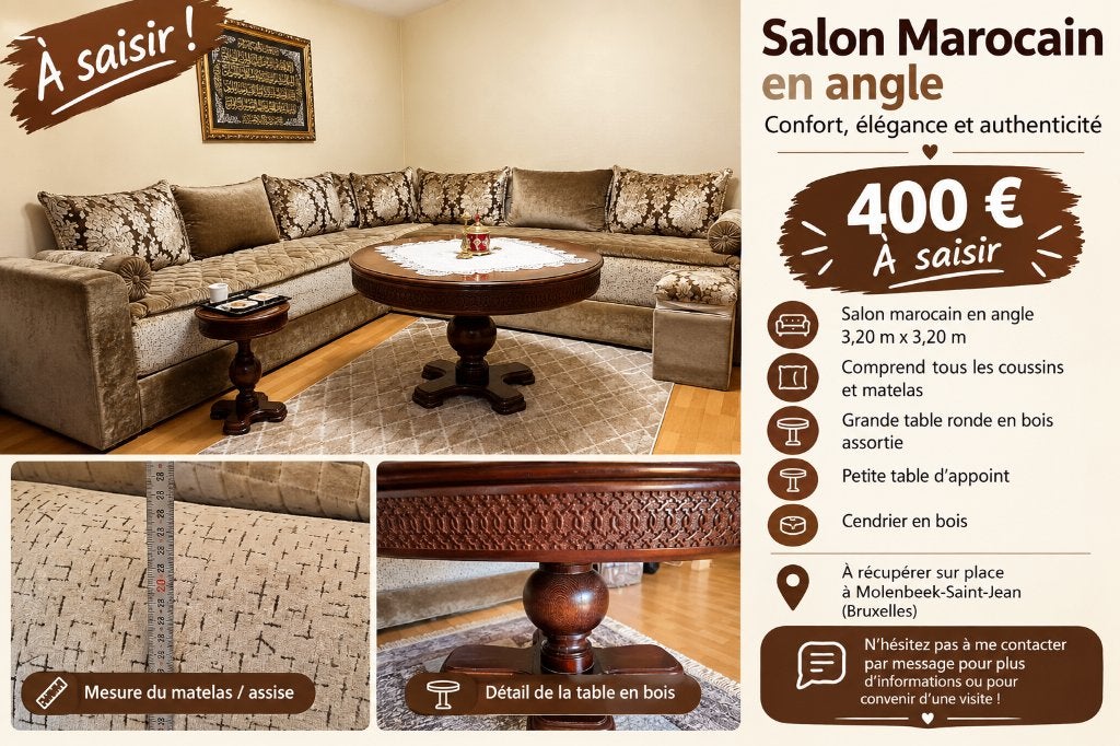 Salon marocain complet en angle 3,20 m x 3,20 m – 400 €, Enlèvement
